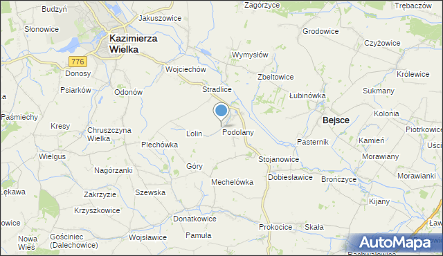 mapa Podolany, Podolany gmina Kazimierza Wielka na mapie Targeo